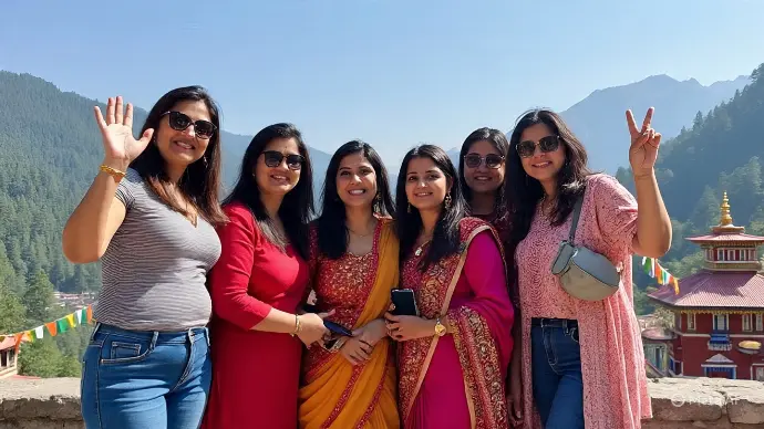 Group of 8 to 10 married Indian women smiling and posing for a photo during a Dharamshala tour, with Himalayan mountains and Tibetan prayer flags in the background – Mountain Junkey