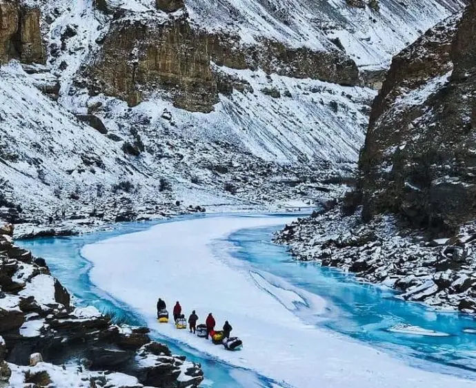 Campsite on frozen Zanskar River during Chadar Trek by Mountain Junkey
