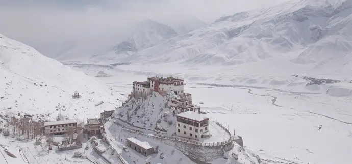 Snow-covered Key Monastery at Kaza during winter expedition in Spiti Valley, Himachal Pradesh