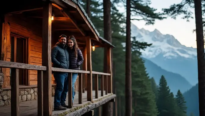 Young Indian couple enjoying a secluded honeymoon on a wooden treehouse balcony in Jibhi Shoja Jalori Pass Himachal, surrounded by pine forest and distant snow-capped Himalayas, captured in ultra-realistic photography by Mountain Junkey