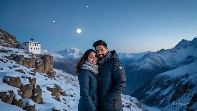Young Indian couple enjoying a moonlight honeymoon on a rocky cliff in Spiti Valley, Himachal Pradesh, surrounded by snow-capped barren mountains under a starry sky and bright full moon, captured in ultra-realistic photography by Mountain Junkey