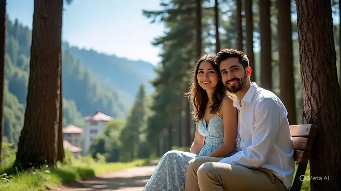 Young Indian couple enjoying a serene romantic getaway in Chail – Kasauli, Himachal Pradesh, sitting on a wooden bench along a pine forest trail with soft sunlight, colonial rooftops visible in the distance, captured in ultra-realistic photography by Mountain Junkey