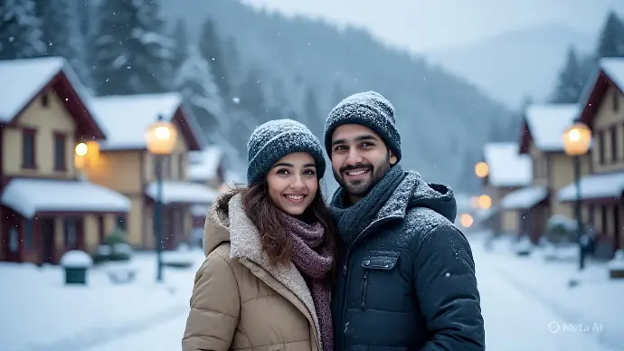 Young Indian couple enjoying a romantic escape on the Ridge in Shimla – Kufri, Himachal Pradesh, surrounded by softly falling snow, colonial red-roof buildings, and pine-covered hills, captured in ultra-realistic photography by Mountain Junkey