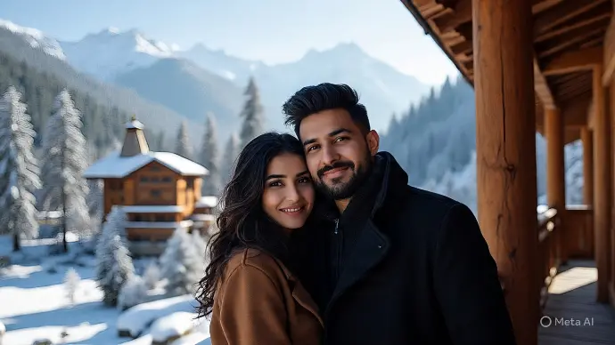 Young Indian couple enjoying a romantic honeymoon delight in Manali, Himachal Pradesh, standing on a wooden balcony with Hidimba Devi Temple, snow-covered deodar trees, the Beas River below, and distant Deo Tibba peaks in the background, captured in ultra-realistic photography by Mountain Junkey