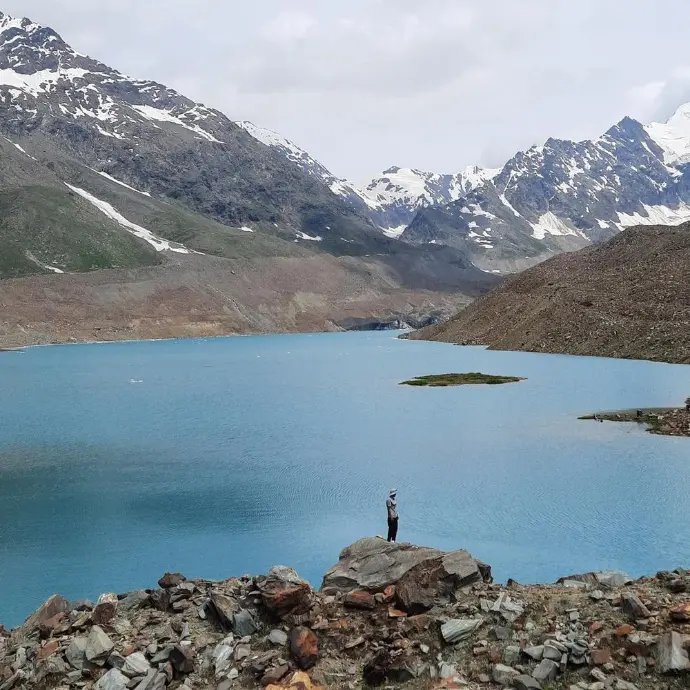 Glacial Ghepan Lake with floating icebergs and snowy peaks in Lahaul Valley, Himachal Pradesh - Mountain Junkey
