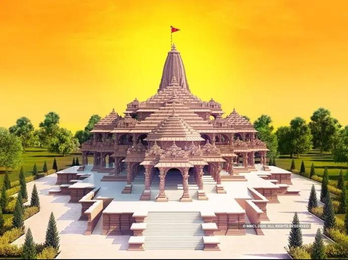 Front view of Ayodhya Ram Mandir architecture with devotees - Mountain Junkey